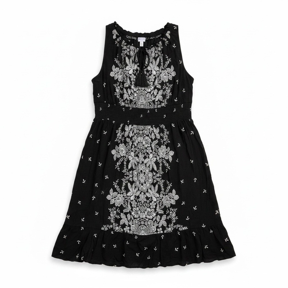 Bila Black White Floral Paisley Smocked Waist Tassel Midi Dress Womens Large